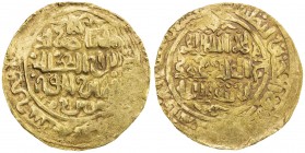 GREAT MONGOLS: Anonymous, ca. 1220s-1249s, AV dinar (4.08g), MM, DM, A-A1967, citing the caliph al-Nasir li-din Allah on the obverse, the kalima on re...