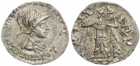 INDO-GREEK: Menander I Soter, ca. 155-130 BC, AR drachm (2.47g), Bop-16E, monogram right, fabulous strike, iridescent toning, bold AU.
Estimate: $130...