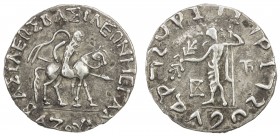 INDO-SCYTHIAN: Azes I, ca. 57-35 BC, AR tetradrachm (9.46g), Mitch-2225, king on horseback // Zeus standing, holding spear & thunderbolt, choice VF-EF...