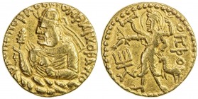 KUSHAN: Huvishka, ca. 155-187, AV dinar (7.81g), G-308, half-length profile bust of king left, above the clouds, holding mace & ankus // four-armed de...