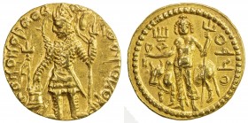 KUSHAN: Vasu Deva I, ca. 191-230+, AV dinar (8.02g), Mitch-3387/88, king standing, holding trident & sacrificing over altar, second trident above // S...