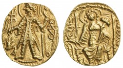 KUSHAN: Vasu Deva II, ca. 290-310, AV dinar (7.79g), G-576, Mitch-3549/50var., standard obverse, with Brahmi monograms Vi / Ga / VaSu // Ardoksho enth...