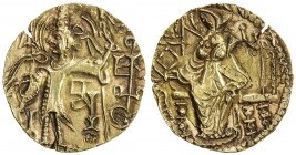 KUSHAN: Kipunada, ca. 350-375, AV dinar (7.66g), Mitch-3588, king standing, offering sacrifice and holding uncertain object in his raised left arm, wi...