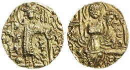 KIDARITE: Kidara, late 4th century, AV dinar (7.81g), Mitch-3618/20, king standing, KuShaNa left, KiDaRa below his arm, and KaPaN plus a rosette at lo...