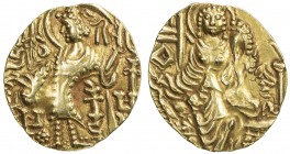KIDARITE: Kidara, late 4th century, AV stater (7.82g), Mitch-3618/20, king standing with head facing left, holding trident, monogram KiDaRa beneath hi...