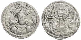 KIDARITE: "Buddhatala", ca. 400 AD, AR drachm (3.77g), G-18, Sasanian-style facing bust, winged crown with korymbos & two ribbons above // fire altar ...