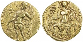 GUPTA: Sumadragupta, ca. 344-378, AV dinar (7.75g), Mitch-4773/80, king standing, sacrificing over altar, holding long scepter, with Garuda standard t...