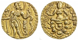 GUPTA: Chandragupta II, ca. 383-412, AV dinar (8.26g), Mitch-4796/4807, archer type, king standing, holding bow & arrow // Lakshmi seated on lotus, un...