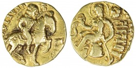 GUPTA: Kumaragupta I, ca. 409-450, AV dinar (8.16g), Mitch-4796/4807, king on horseback, prancing to the right // Lakshmi seated on wicker stool, hold...