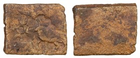 CENTRAL INDIA: Anonymous, 2nd century BC, AE rectangular unit (3.45g), cf. Pieper-227 for this type, bull left, facing four-crescent symbol, uniface, ...