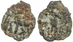KAUSAMBI: Anonymous, 2nd century BC, cast AE round unit (3.93g), Pieper-972 (this piece), bull left, wheel above, Indradhvaja left // bull right, stan...