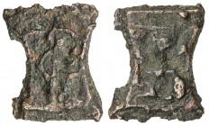 KAUSAMBI: Anonymous, 2nd century BC, cast AE damaru-shaped unit (1.82g), Pieper-962 (this piece), Lakshmi standing // railed Indradhvaja; complete dep...