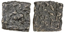 SUKTIMATI: Anonymous, 2nd century BC, AE square unit (1.17g), Pieper-1006 (this piece), elephant on ladder facing Indradhvaja left, legend sutimati ab...