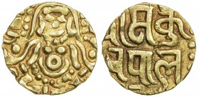 YADAVAS OF TRIBHUVANAGIRI: Kumara Pala, before 1196, AV 4½ masha (4.08g), De-148, seated deity Lakshmi // 3-line royal legend, lovely VF.
Estimate: $...