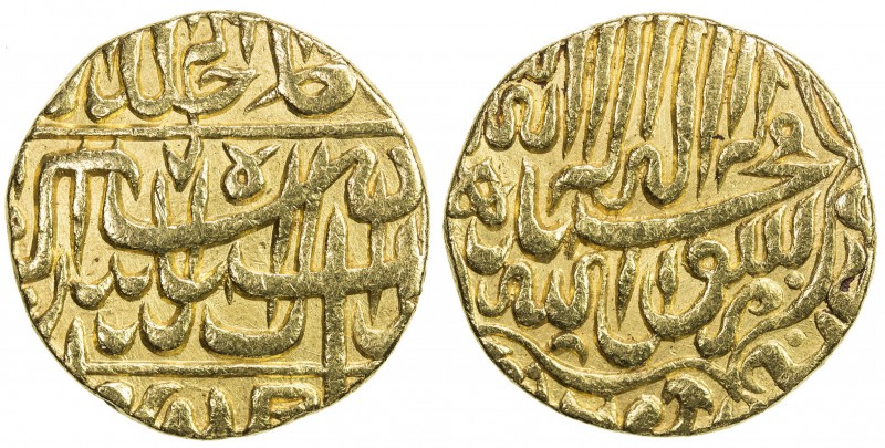 MUGHAL: Akbar I, 1556-1605, AV mohur (10.84g), AH(97)7, KM-106var, contemporary ...