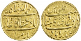 HYDERABAD: Sikandar Jah, 1808-1829, AV nazarana mohur (11.15g), Farkhanda Bunyad, AH1237 year 16, Cr-60, in the name of the Mughal emperor Muhammad Ak...