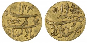BENGAL PRESIDENCY: AV ¼ mohur (3.09g), "Murshidabad", AH1204 year 19, Stv-4.7, Prid-64, Calcutta mint, struck 1793-1818, F-VF.
Estimate: $240 - $300