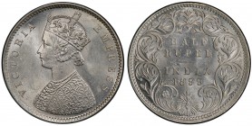 BRITISH INDIA: Victoria, Empress, 1876-1901, AR ½ rupee, 1899-B, KM-491, Prid-307, S&W-6.242, variety with incuse, reversed B, wonderfully lustrous, P...