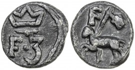 TRANQUEBAR: Frederik III, 1648-1670, lead kas (2.41g), ND, KM-74, Jensen-122, crowned F3 // lamb to left, with flag, letter F above, symbol of Gotland...