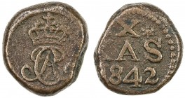 TRANQUEBAR: Christian VIII, 1839-1845, AE 10 kas (5.41g), 1842, KM-167, Jensen-390, very rare one-year type, VF, RRR. 
Estimate: $200 - $260