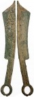 WARRING STATES: State of Yan, 600-400 BC, AE knife money (15.71g), H-4.16, pointed tip type, archaic character liu (six), bold example with lovely pat...