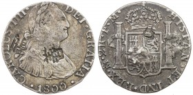 CHOPMARKED COINS: MEXICO: Carlos IV, 1788-1808, AR 2 reales (5.47g), 1800-Mo, KM-91, assayer FM, underweight contemporary imitation with several large...