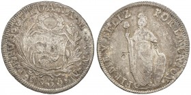 CHOPMARKED COINS: PERU: Republic, AR 8 reales, Lima, 1835, KM-142.3, assayer MM, couple of large Chinese merchant chopmarks, toned lustrous fields, Fi...