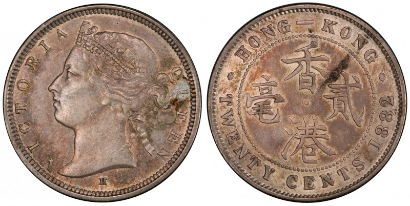 HONG KONG: Victoria, 1840-1901, AR 20 cents, 1882-H, KM-6.3, PCGS graded AU58, e...