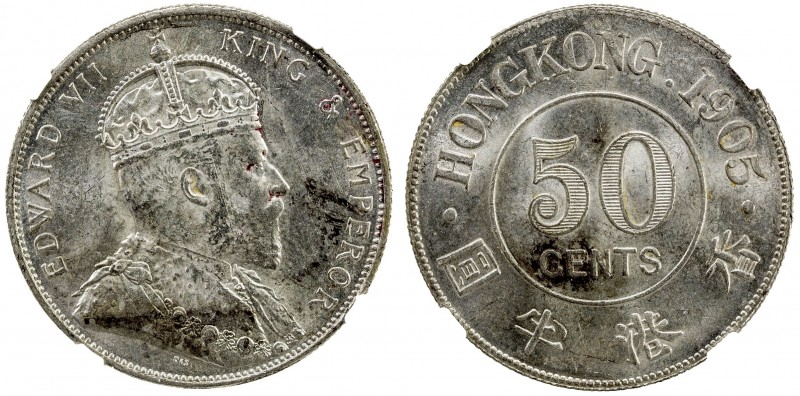 HONG KONG: Edward VII, 1901-1910, AR 50 cents, 1905, KM-15, three very faint par...