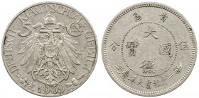 KIAUCHAU: Wilhelm II, 1898-1914, 5 cents, 1909, Y-1, J-729, Deutsche Kiautschou Gebiet // Chinese inscription dà dé guó bao at center, qing dao above,...