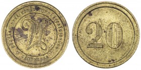 CAMBODIA: 20 centimes token, ND (1880-1906), KM-Tn3, Lec-102, brass token struck for the Royal Palace in Phnom Penh, usual surface spotting found on t...