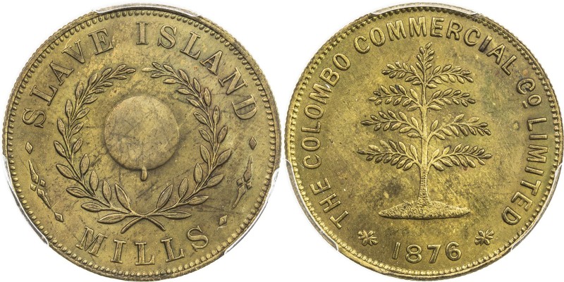 CEYLON: brass token, 1876, Prid-22, Slave Island Mills, orange within wreath of ...