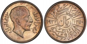 IRAQ: Faisal I, 1921-1933, AR riyal, 1932/AH1350, KM-101, a superb quality example with only two examples graded higher by PCGS! PCGS graded MS63.
Es...