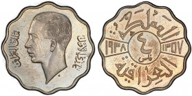 IRAQ: Ghazi I, 1933-1939, nickel 4 fils, 1938/AH1357, KM-105, a very rare early proof issue! PCGS graded Proof 63, RRR. 
Estimate: $2000 - $3000
