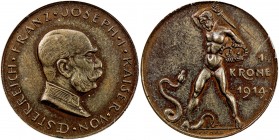 AUSTRIA: Franz Josef I, 1848-1916, AE krone, 1914, KM-Pn74, pattern in copper by Karl Goetz, NGC graded MS65.
Estimate: $400 - $500