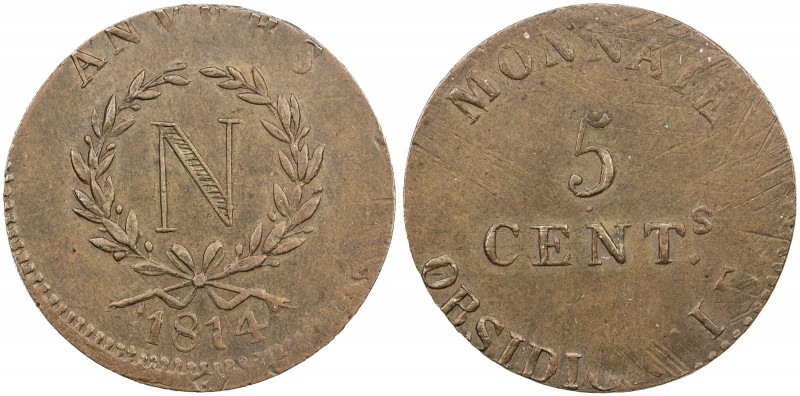 BELGIUM: ANTWERP: City, AE 5 centimes (16.22g), 1814, KM-2.1, Siege issue, with ...