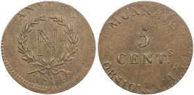 BELGIUM: ANTWERP: City, AE 5 centimes (16.22g), 1814, KM-2.1, Siege issue, with N monogram for Napoleon on obverse, slightly off-center, reverse adjus...