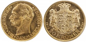 DENMARK: Frederik VIII, 1906-1912, AV 20 kroner, 1912, KM-810, mintmaster initials VBP, choice luster, PCGS graded MS66.
Estimate: $500 - $600