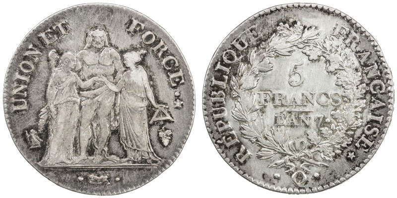 FRANCE: Consulship, AR 5 francs, L 'AN7(1798-9)-Q, KM-639.8, Perpignan Mint issu...