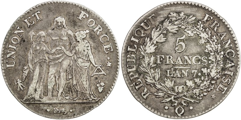 FRANCE: Consulship, AR 5 francs, L 'AN7(1798-9)-Q, KM-639.8, Perpignan Mint issu...