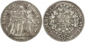 FRANCE: Consulship, AR 5 francs, L 'AN7(1798-9)-Q, KM-639.8, Perpignan Mint issue, F-VF.
Estimate: $150 - $200