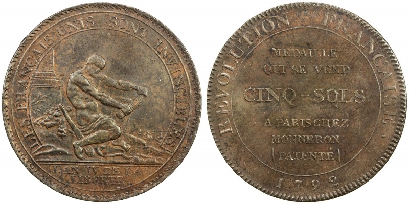 FRANCE: AE 5 sols token, 1792, KM-Tn25, Monneron Freres, Paris, mostly brown wit...