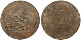 FRANCE: AE 5 sols token, 1792, KM-Tn25, Monneron Freres, Paris, mostly brown with hints of red, AU.
Estimate: $150 - $200