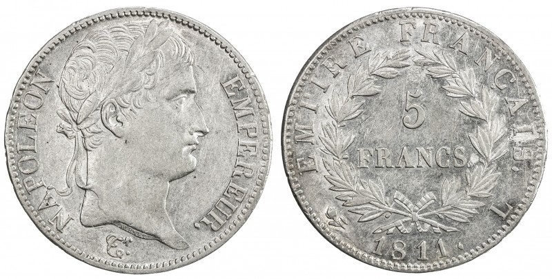 FRANCE: Napoleon I, Emperor, 1804-1814, AR 5 francs, Bayonne, 1811-L, KM-694.9, ...