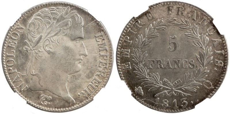 FRANCE: Napoleon I, Emperor, 1804-1814, AR 5 francs, 1813-Q, KM-694.12, only a f...