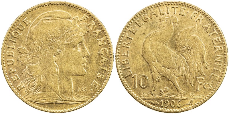 FRANCE: Republic, AV 10 francs, 1906, KM-846, AGW 0.0933 oz, rooster, faint reve...