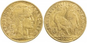 FRANCE: Republic, AV 10 francs, 1906, KM-846, AGW 0.0933 oz, rooster, faint reverse scratch, some luster, VF.
Estimate: $175 - $195