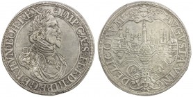 AUGSBURG: Free City, AR thaler (29.03g), 1643, KM-77, Dav-5039, tiny scratch in obverse field, obverse edge defect at 5:30, city view reverse, some lu...