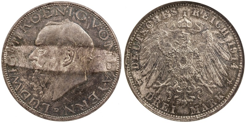BAVARIA: Ludwig III, 1913-1918, AR 3 mark, 1914, KM-1005, deeply toned, with lig...