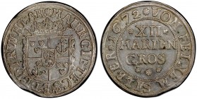 BENTHEIM-TECKLENBURG-RHEDA: Moritz, 1625-1674, AR 12 mariengroschen, 1672, KM-81, MAUR. C. I. B. TEC. S. ET L. D. I. R. W. HL. AH., crowned 4-fold arm...